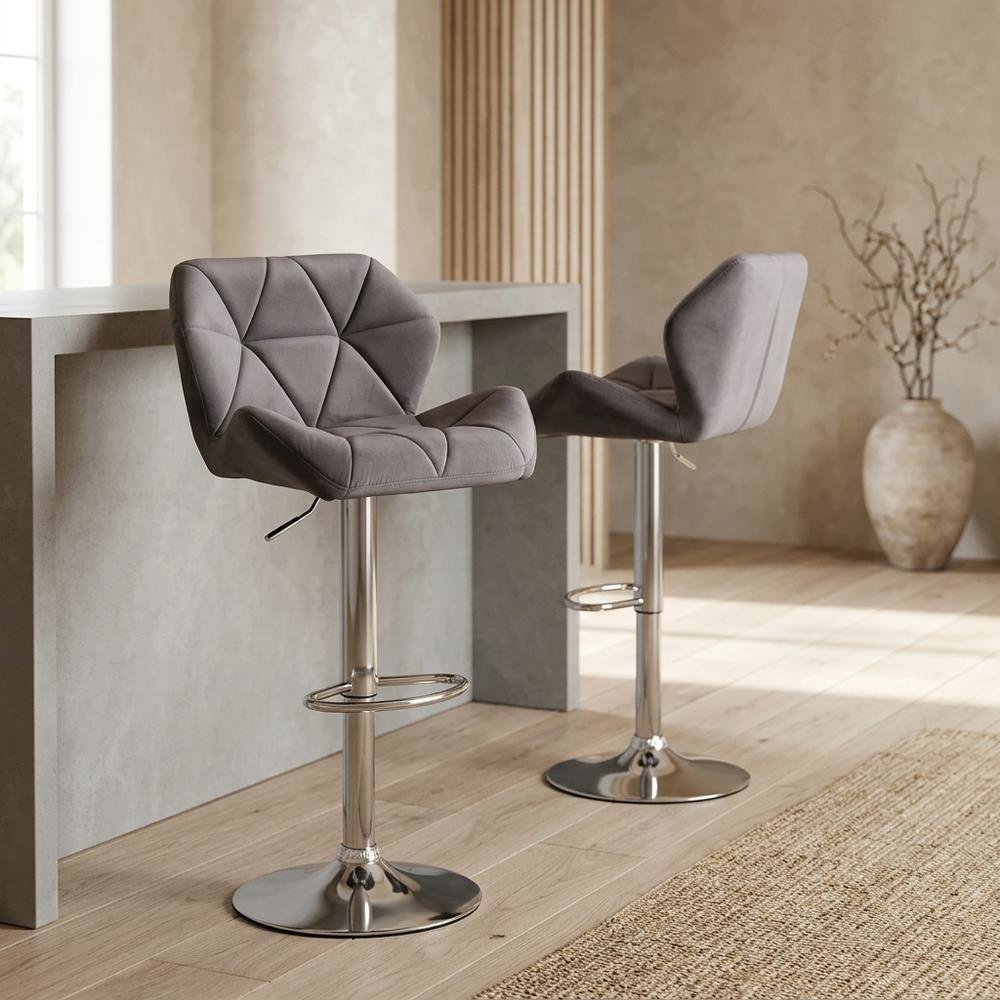 Gray Velvet Diamond Tufted Swivel Barstool Set of 2 with Adjustable Height. Picture 2