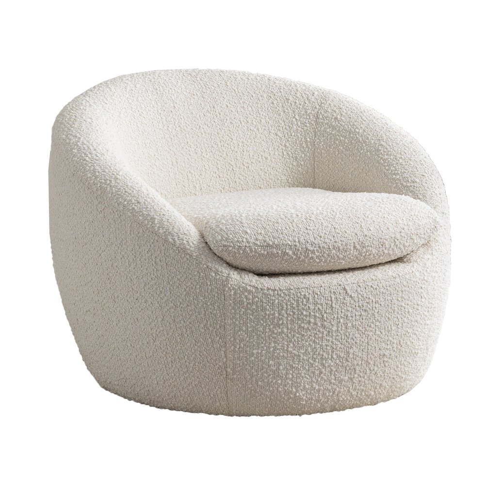 Winnie Modern Teddy Boucle Fabric Barrel Chair, 360 Degree Swivel, White. Picture 1