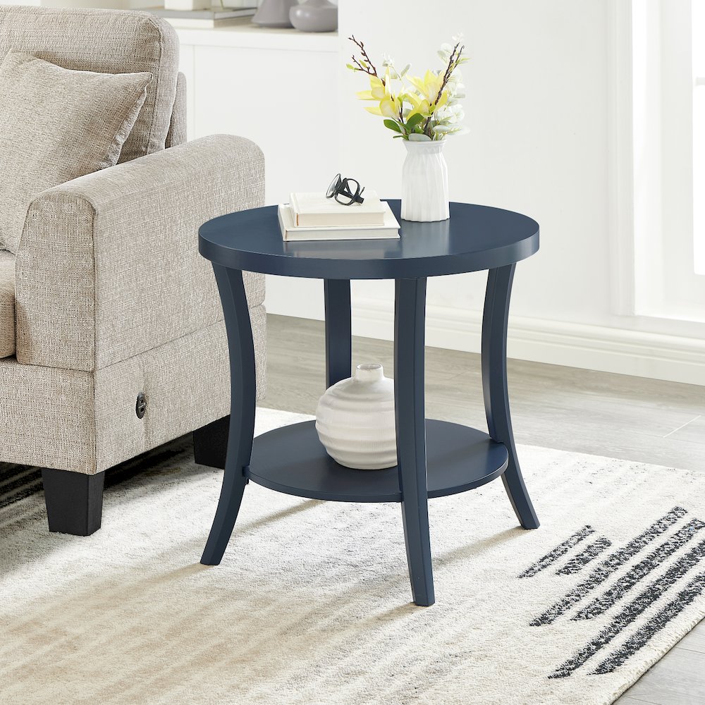 Perth Round End Table with Shelf, Navy Blue. Picture 2