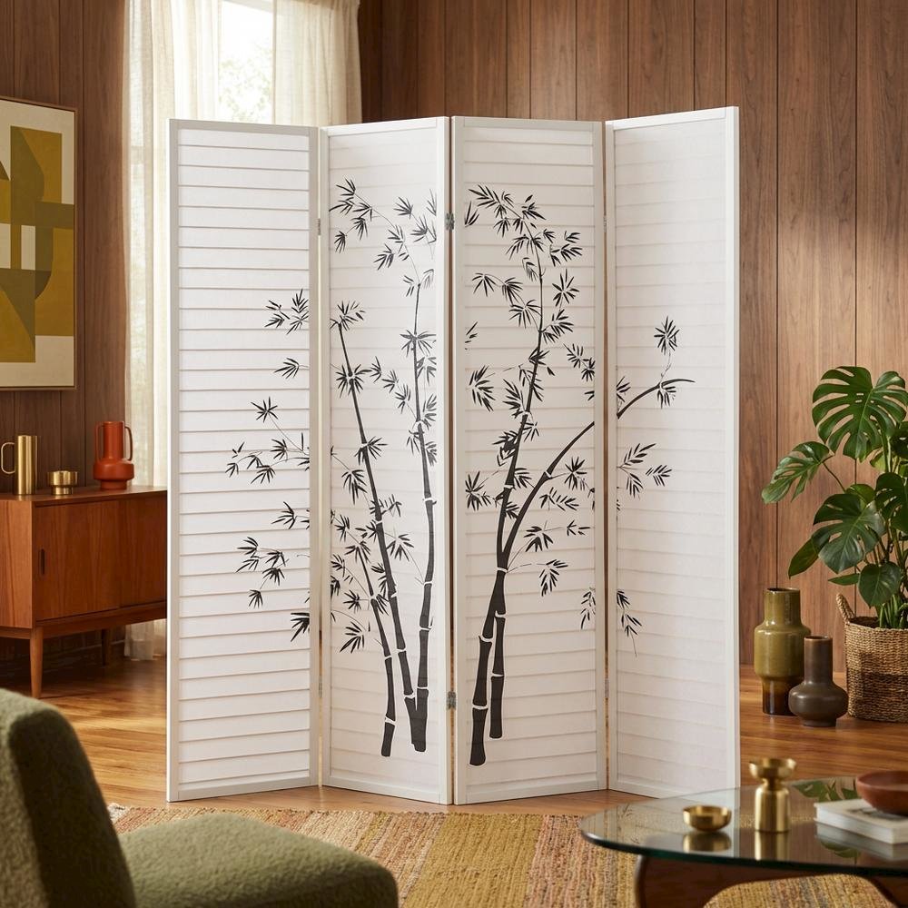 White 4-Panel Wood Folding Room Divider, Bamboo Print Rice Paper, 71 Inch. Picture 3