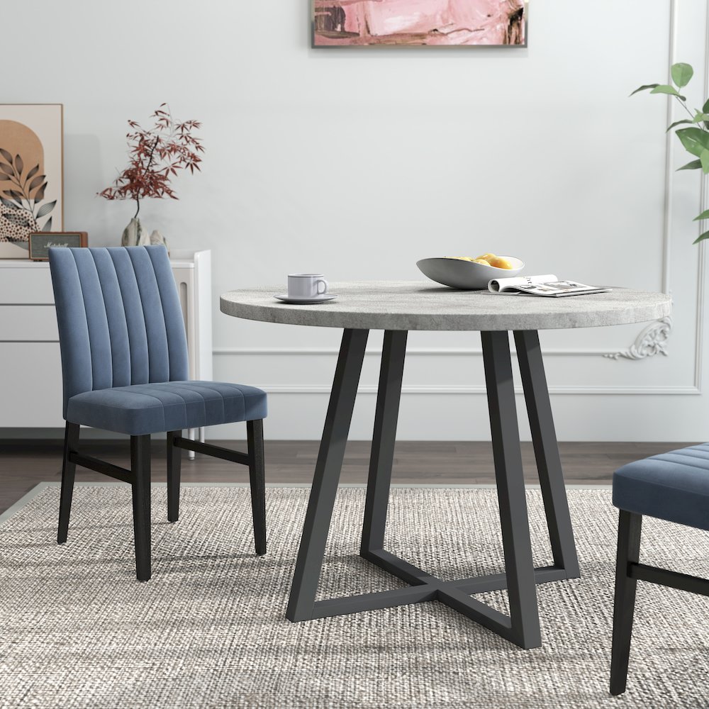 Edo 5-Piece Dining Set, Round Trestle Table and 4 Chairs, Gray and Blue. Picture 7