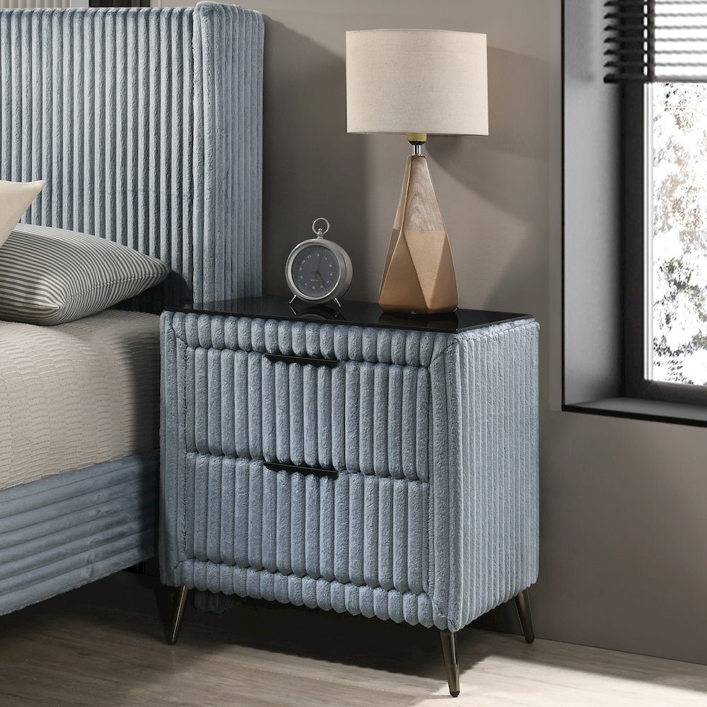 Mavela Wide Wale Corduroy Upholstery Nightstand, Blue. Picture 2