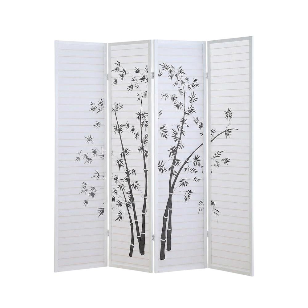 White 4-Panel Wood Folding Room Divider, Bamboo Print Rice Paper, 71 Inch. Picture 4