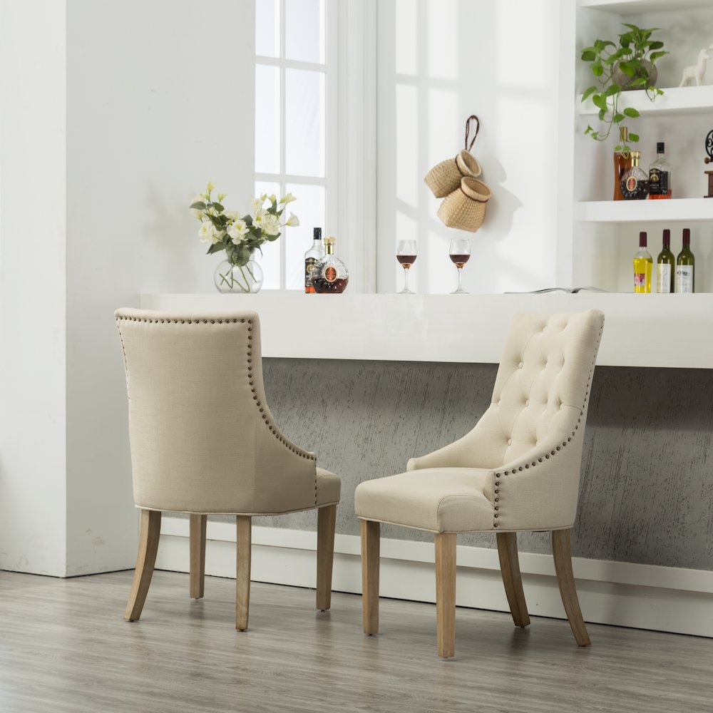 Luna Tan Button Tufted Solid Wood Wingback Chairs with Nail Heads Set of 2. Picture 4