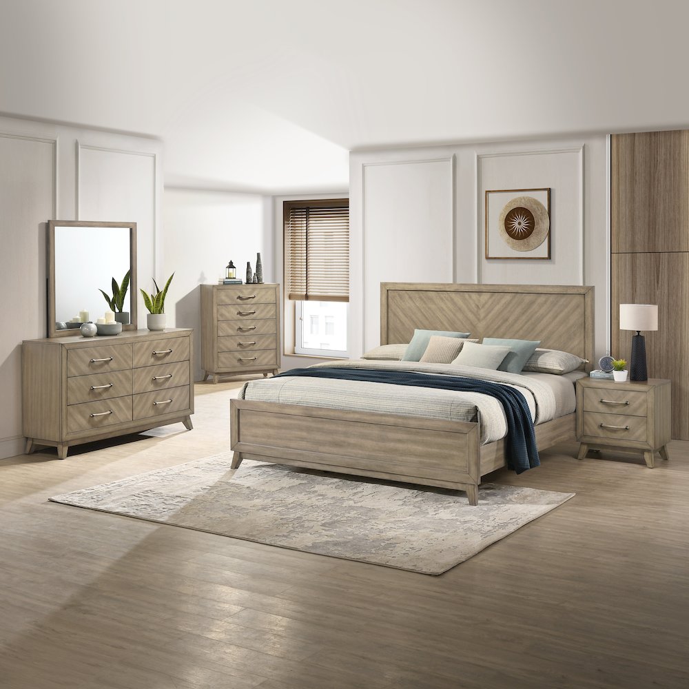 Wood Bedroom Set: Panel Bed, Dresser, Mirror, Nightstand,Chest in Weathered Sand. Picture 2