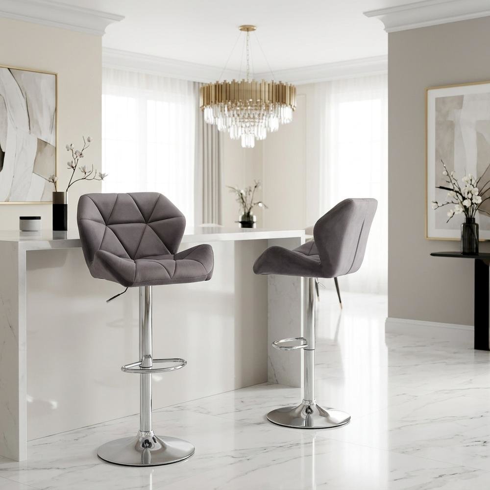 Gray Velvet Diamond Tufted Swivel Barstool Set of 2 with Adjustable Height. Picture 5