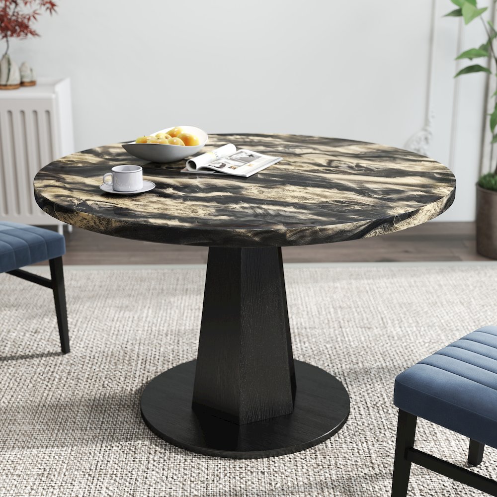 5-Piece Dining Set, Black and Gold Faux Marble Dining Table Four Chairs, Blue. Picture 9