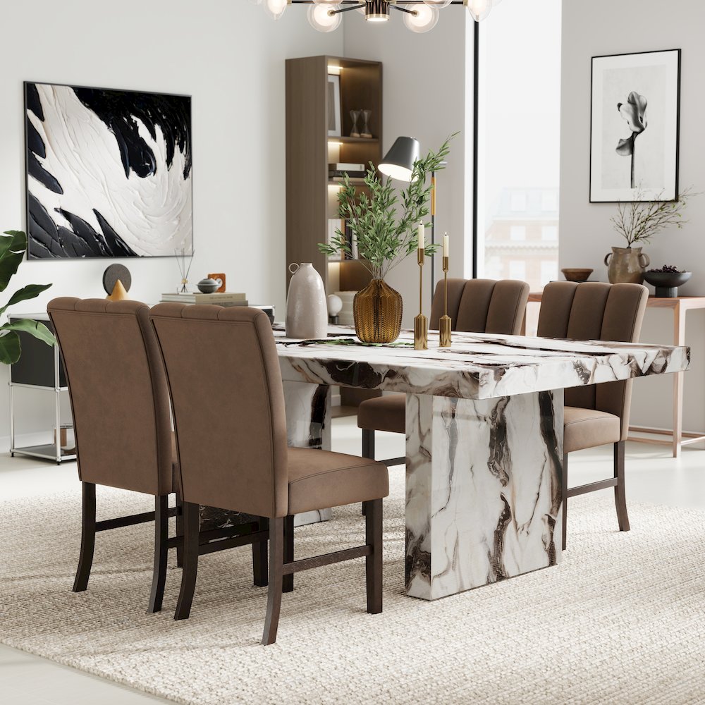 Cavira 5-PC Faux Marble Dining Set, Double Pedestal Table with 4 Chairs. Picture 4