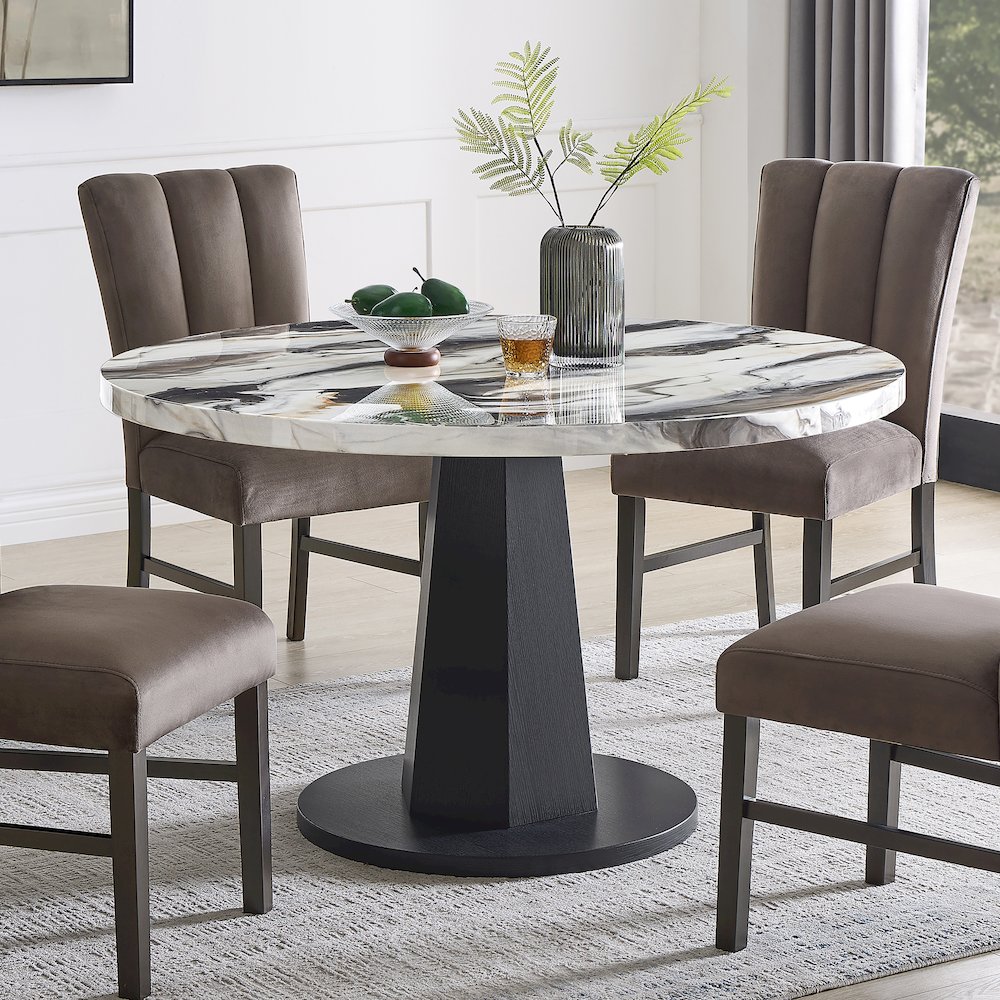 Cavira 5-PC Dining Set, Off-White Faux Marble Table with Four Brown Chairs. Picture 3