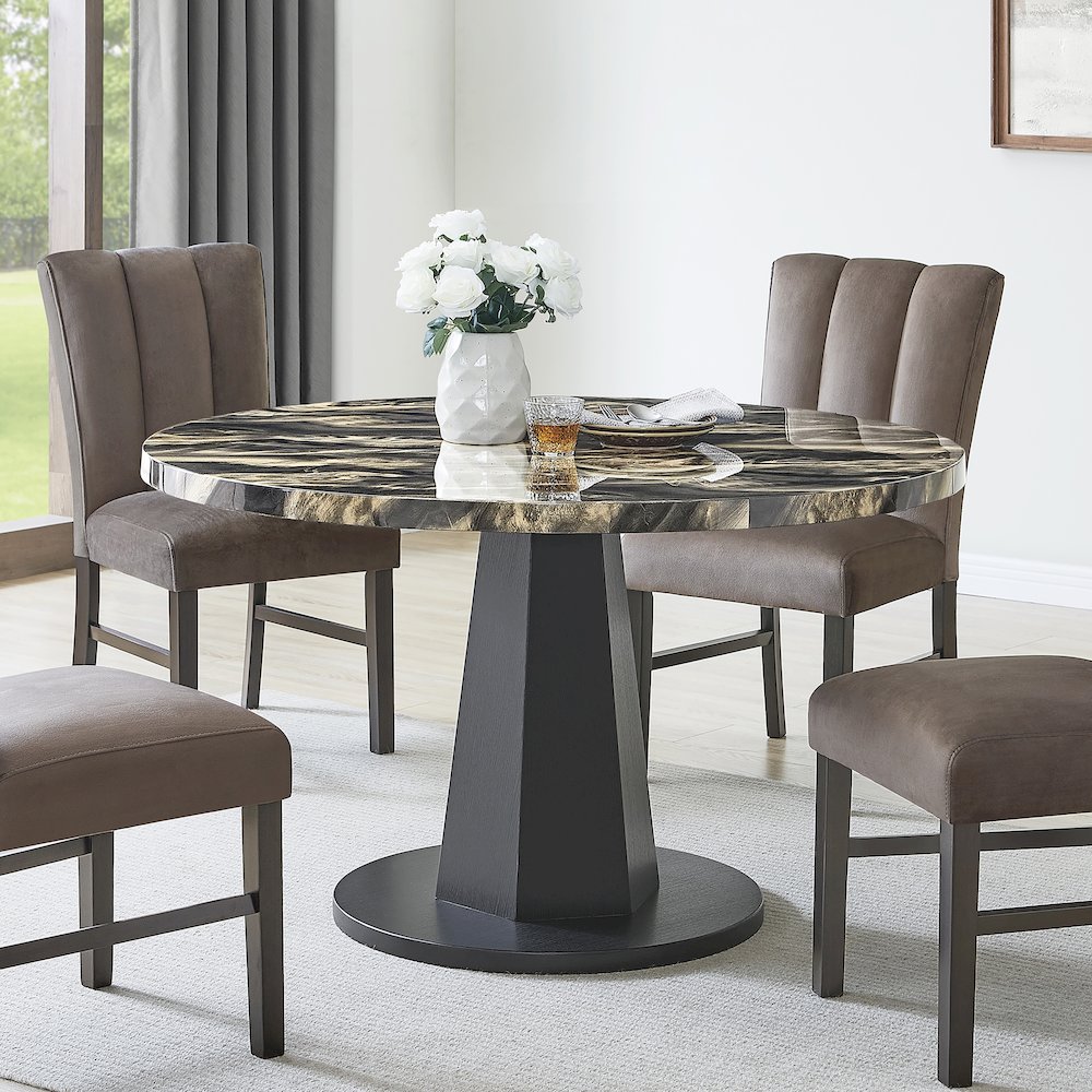 Cavira 5-PC Dining Set, Black and Gold Faux Marble Table with 4 Brown Chairs. Picture 4