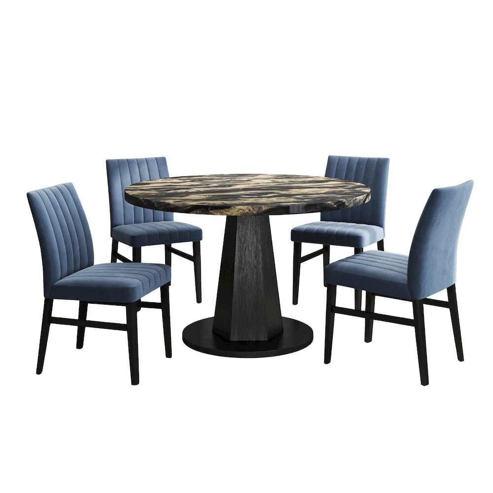 5-Piece Dining Set, Black and Gold Faux Marble Dining Table Four Chairs, Blue. Picture 1