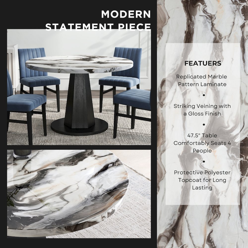 5-Piece Dining Set, Off-White Faux Marble Dining Table with Four Chairs, Blue. Picture 6