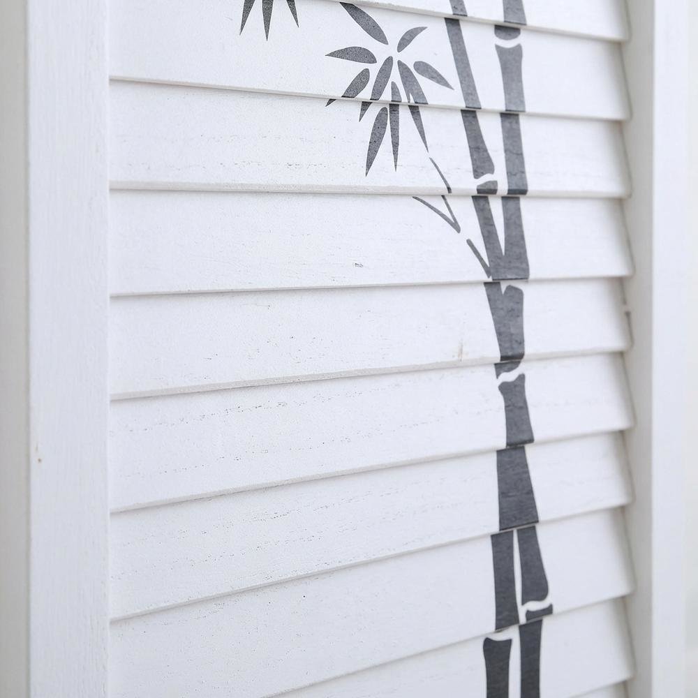 White 4-Panel Wood Folding Room Divider, Bamboo Print Rice Paper, 71 Inch. Picture 6
