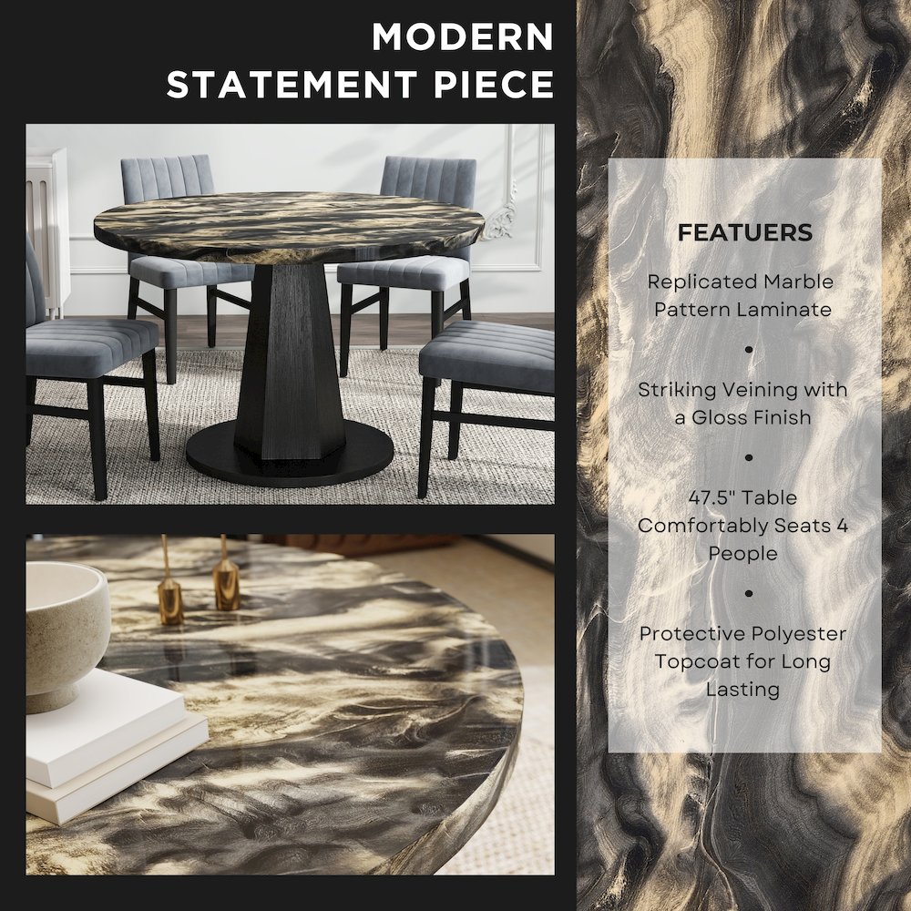5-Piece Dining Set, Black and Gold Faux Marble Dining Table Four Chairs, Gray. Picture 6