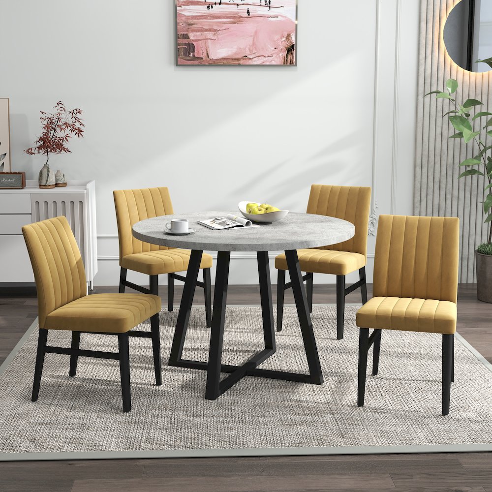 Edo 5-Piece Dining Set, Round Trestle Table and 4 Chairs, Gray and Yellow. Picture 3