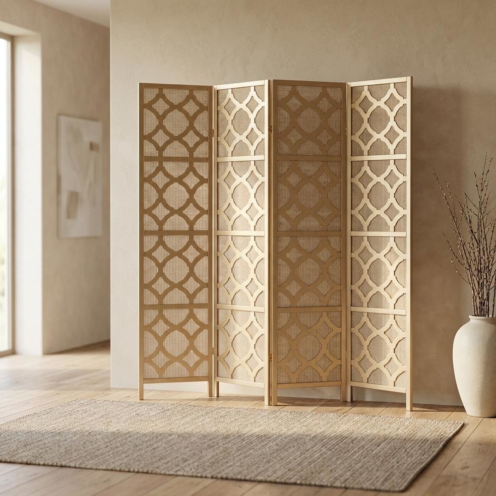Gold 4-Panel Wood Folding Room Divider, Fabric Diamond Design, 70 Inch. Picture 2