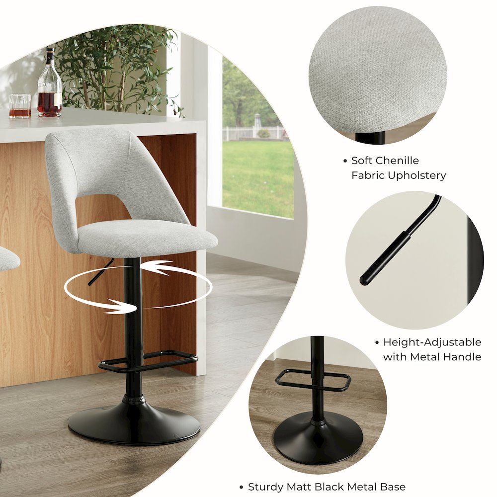 Nuvia Contemporary Adjustable Barstool with Upholstered Swivel Seats, Set of 2. Picture 11