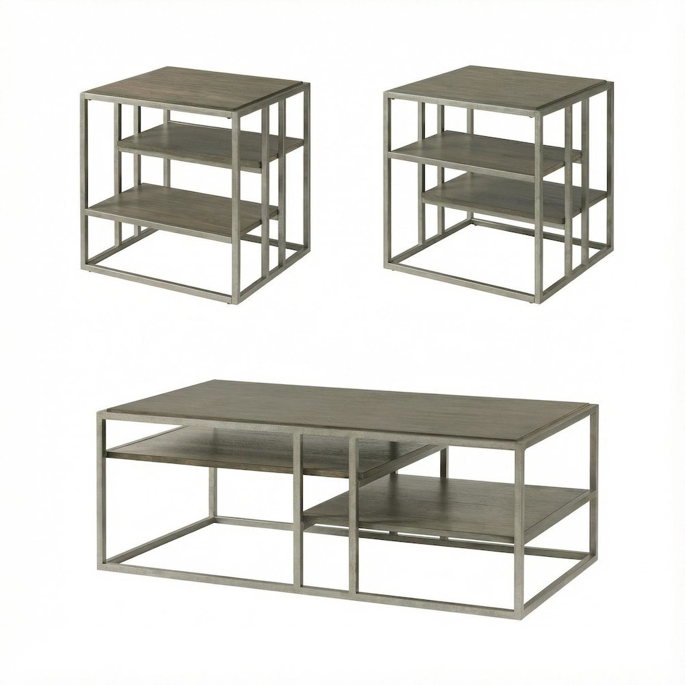 3-Piece Metal Frame Living Room Table Set with Wood Tops and Durable Design. Picture 1