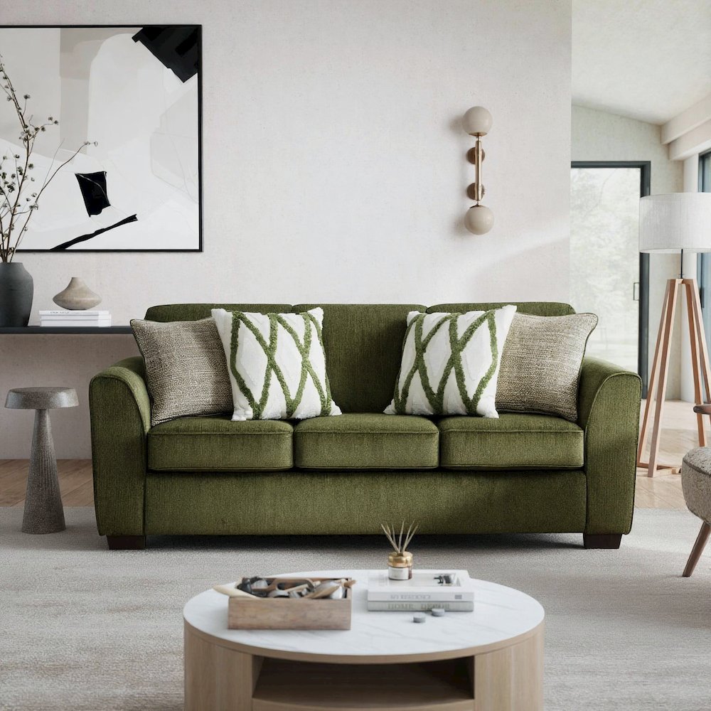 Marvella Living Room Sofa with Mosswood Chenille Upholstery, Accent Pillows. Picture 10