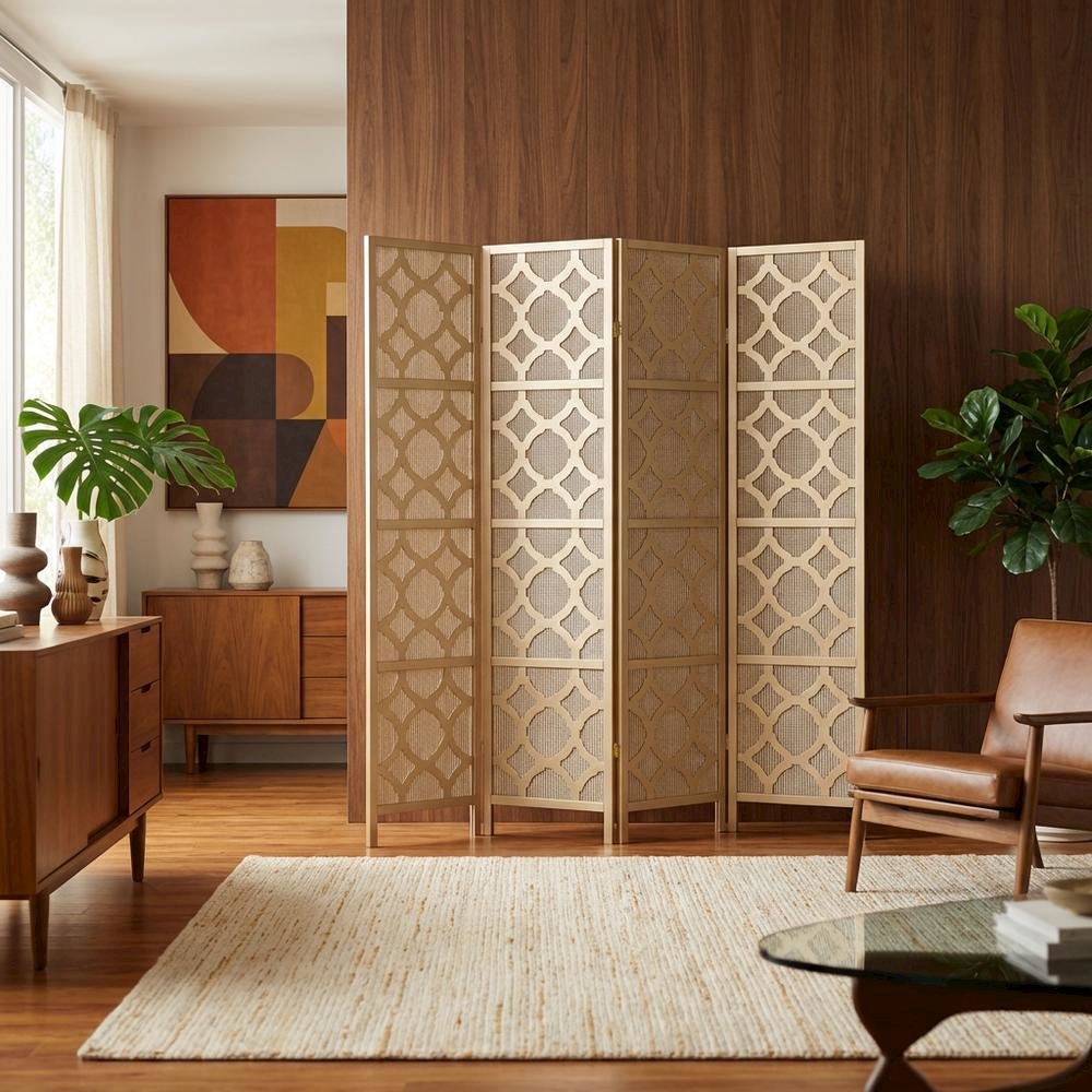 Gold 4-Panel Wood Folding Room Divider, Fabric Diamond Design, 70 Inch. Picture 3