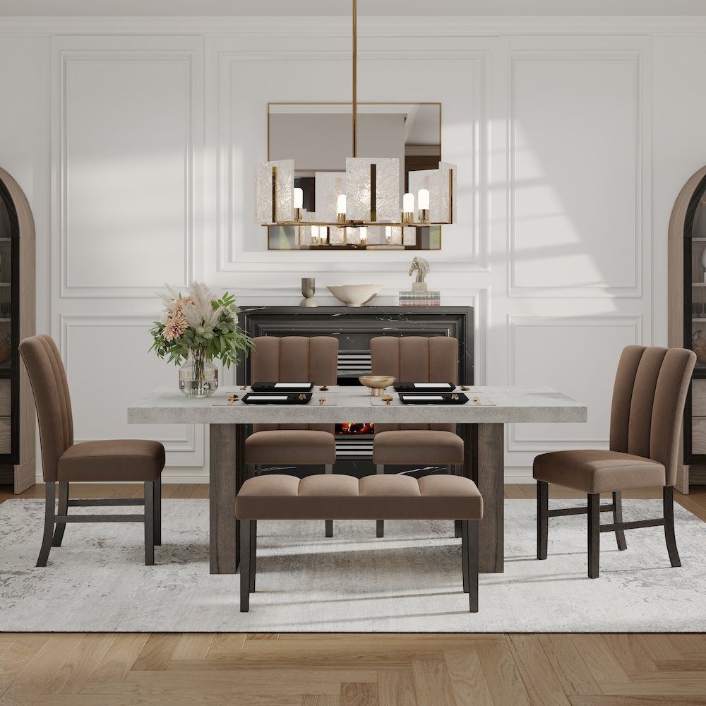 Sorlen 6-PC Dining Set, 3D Faux Concrete Table with 4 Chocolate Chairs and Bench. Picture 3