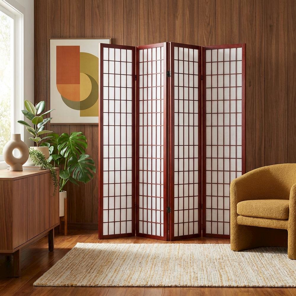 Cherry 4-Panel Wood Folding Room Divider, Rice Paper, 71 Inch. Picture 3