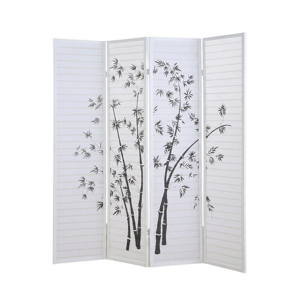 White 4-Panel Wood Folding Room Divider, Bamboo Print Rice Paper, 71 Inch. Picture 1