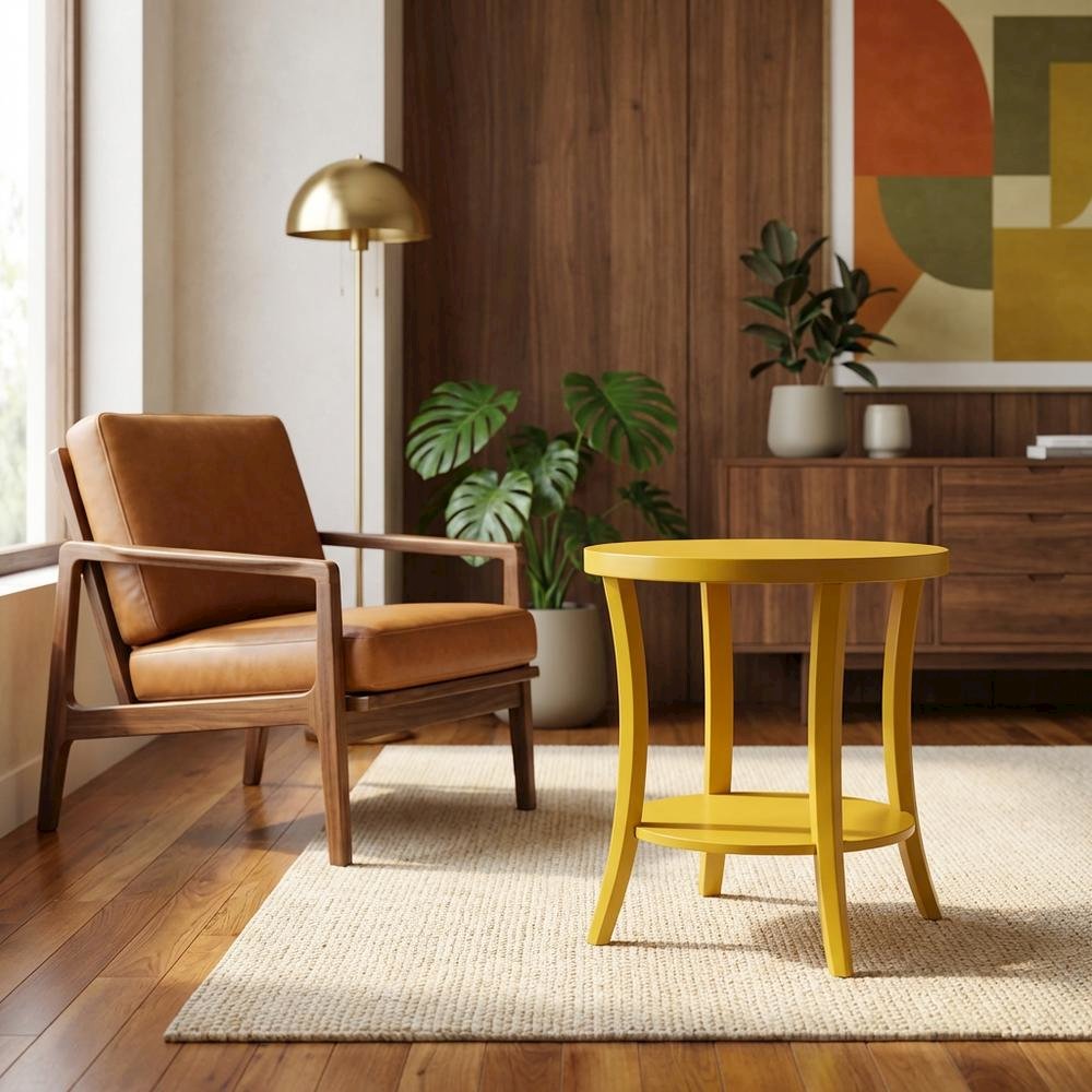 Yellow round end table with shelf for living room decor. Picture 2