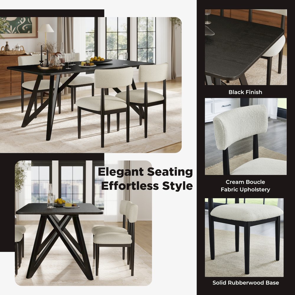 Axler 5-Piece Dining Set, Tripod-Cross Dining Table with 4 Boucle Chairs, Black. Picture 7