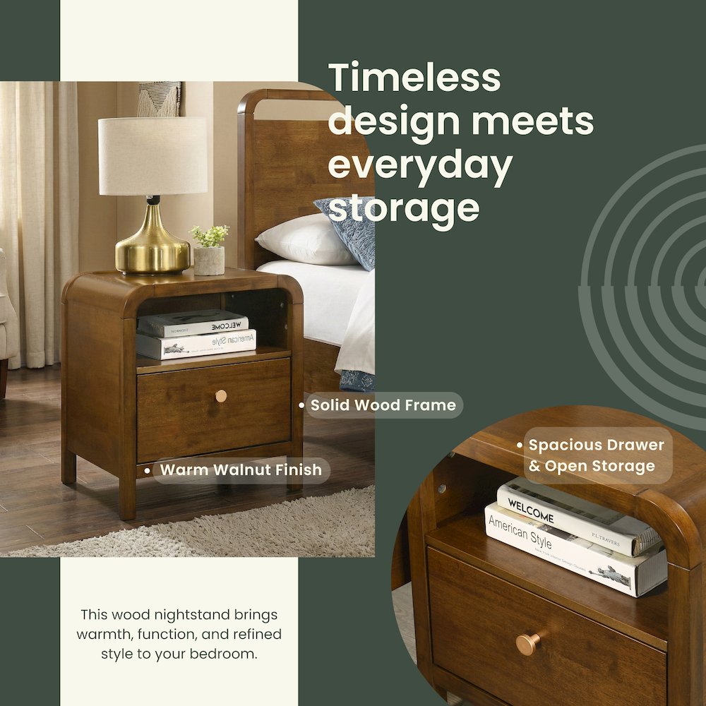 Eldren Wood Nightstand with Solid Rubberwood Frame, Walnut Finish. Picture 7