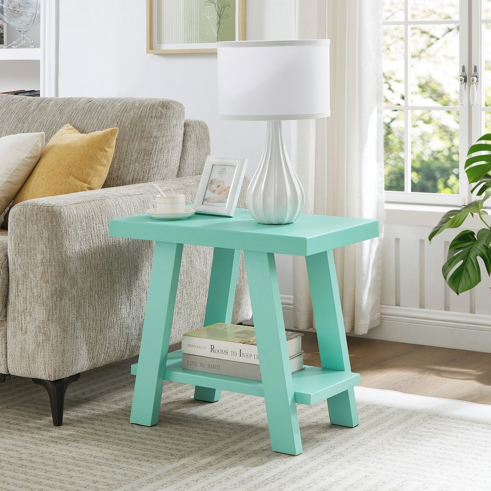 Athens Contemporary Wood Shelf Side Table in Teal. Picture 2