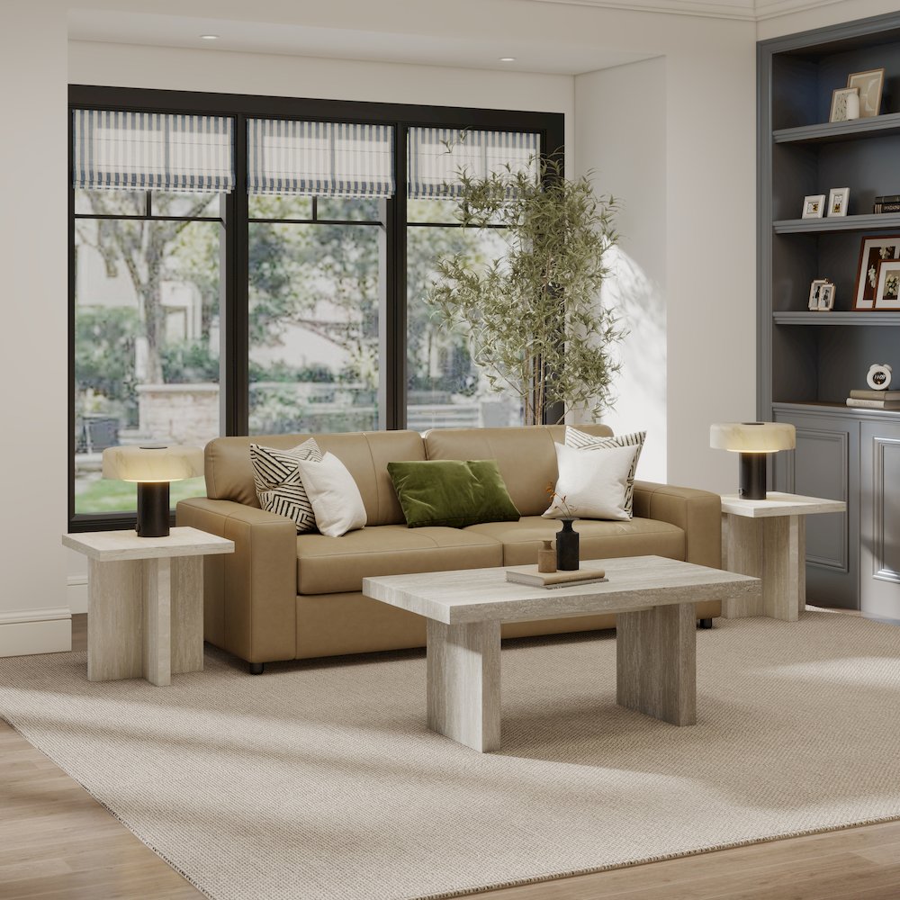 Cavira 3-Piece Faux Marble Coffee Table Set, Table and Two Side Tables, Beige. Picture 2