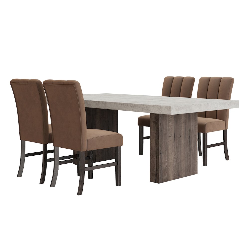 Sorlen 5-Piece Dining Set, 3D Faux Concrete Table with 4 Chocolate Fabric Chairs. Picture 1