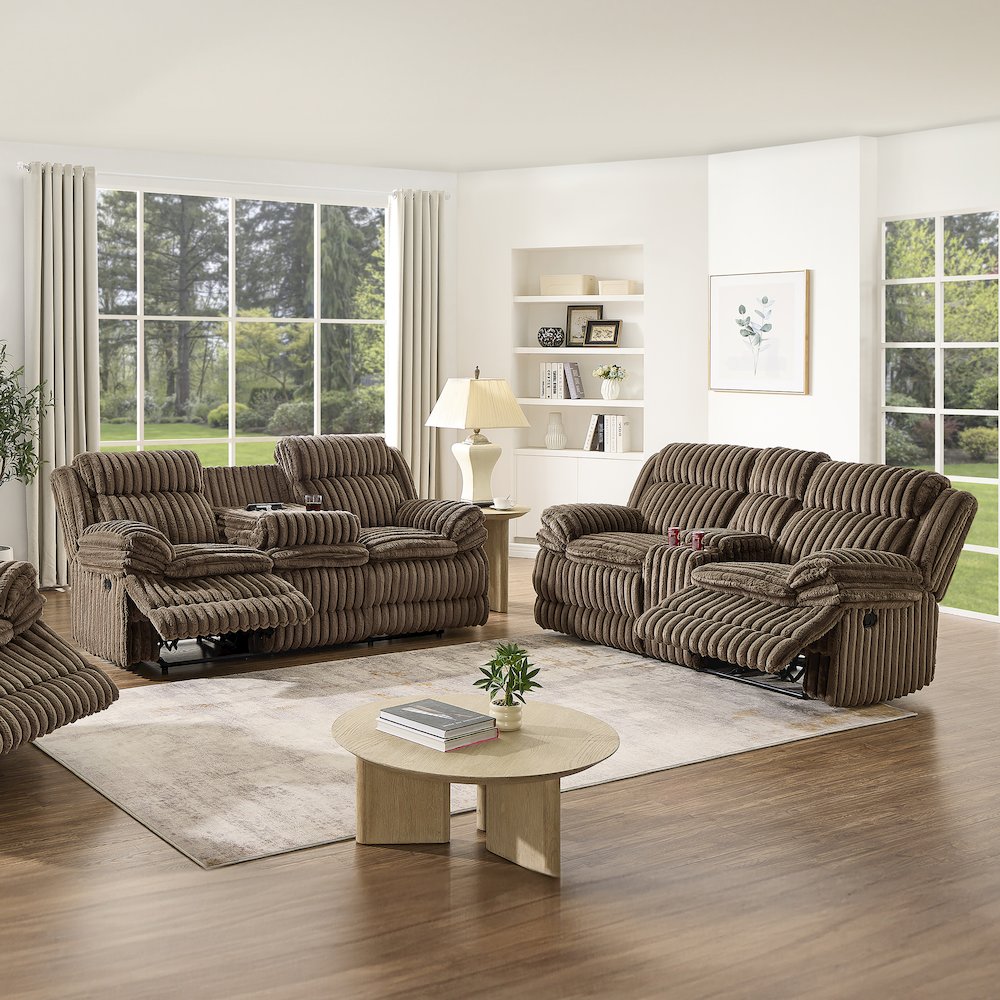 Ardello 2PC Reclining Sofa Set, Corduroy, Built-In Power Center, Storage Console. Picture 5