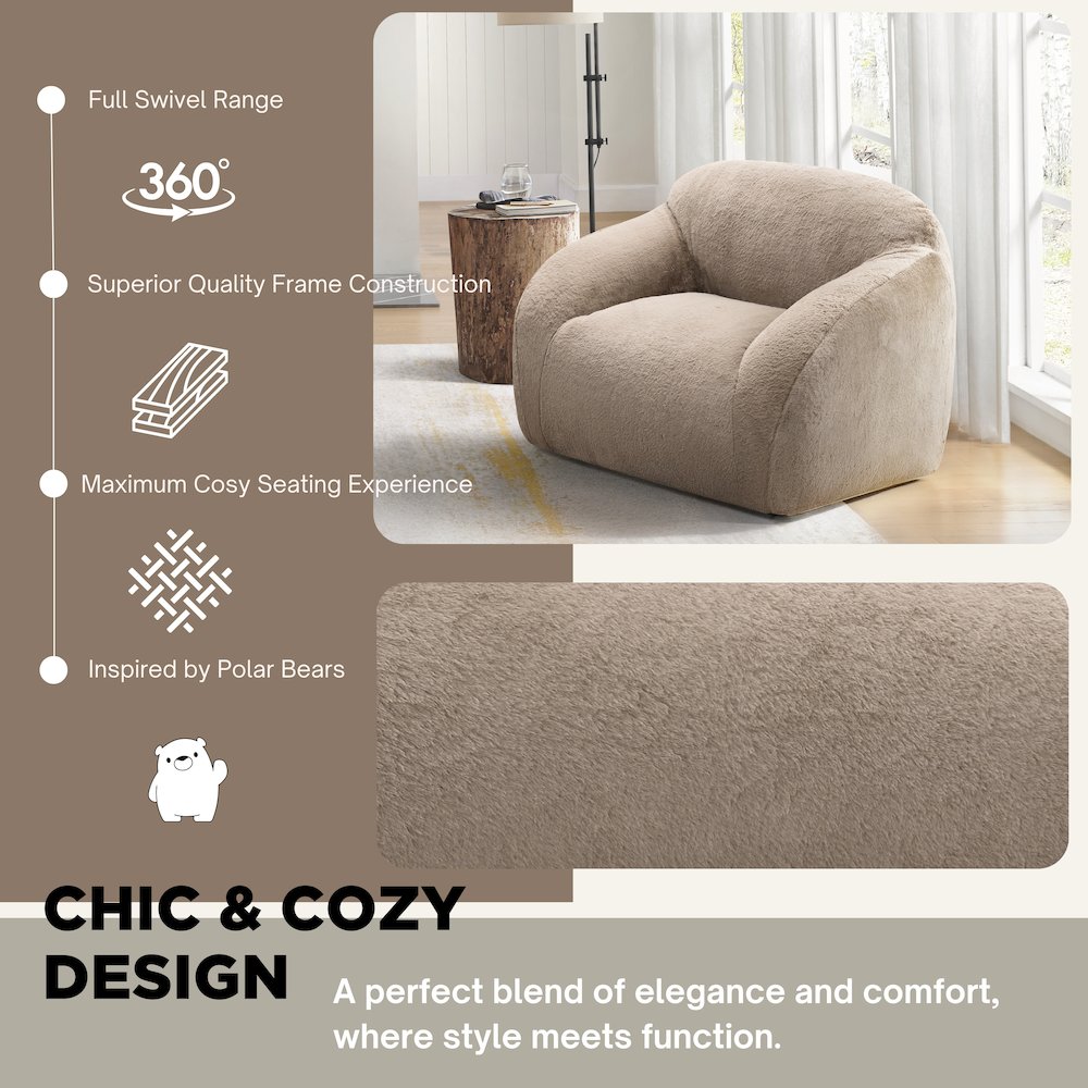 Adell Polar Bear 2-Piece Living Room Set, Sofa and Swivel Chair, Camel Brown. Picture 3
