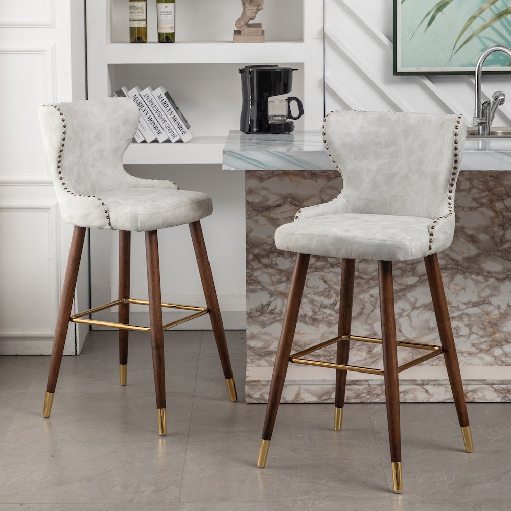 Nevis Modern Faux Leather Tufted Nailhead Trim Barstool Set of 2, Off-White. Picture 5