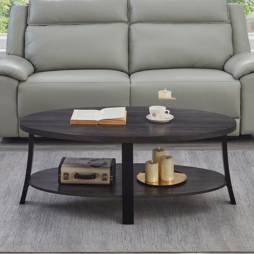 Anze Contemporary Oval Wood Shelf Coffee Table in Charcoal Finish. Picture 3