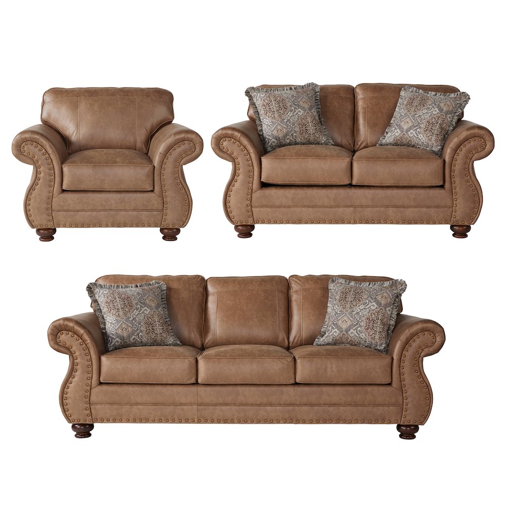 Leinster Faux Leather 3-Pc Sofa Set with Antique Bronze Nailheads. Picture 10