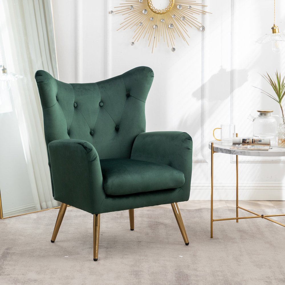 Sovarol Velvet Button-Tufted Wing Back Accent Chair, Green. Picture 2
