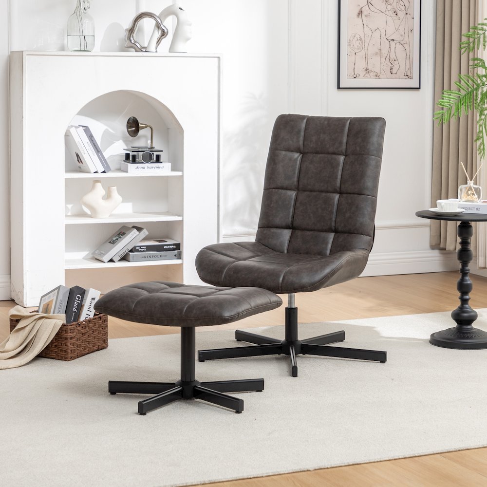 Arlena 2-Piece Seating Set, Faux Leather Tufted Accent Chair and Ottoman, Brown. Picture 2