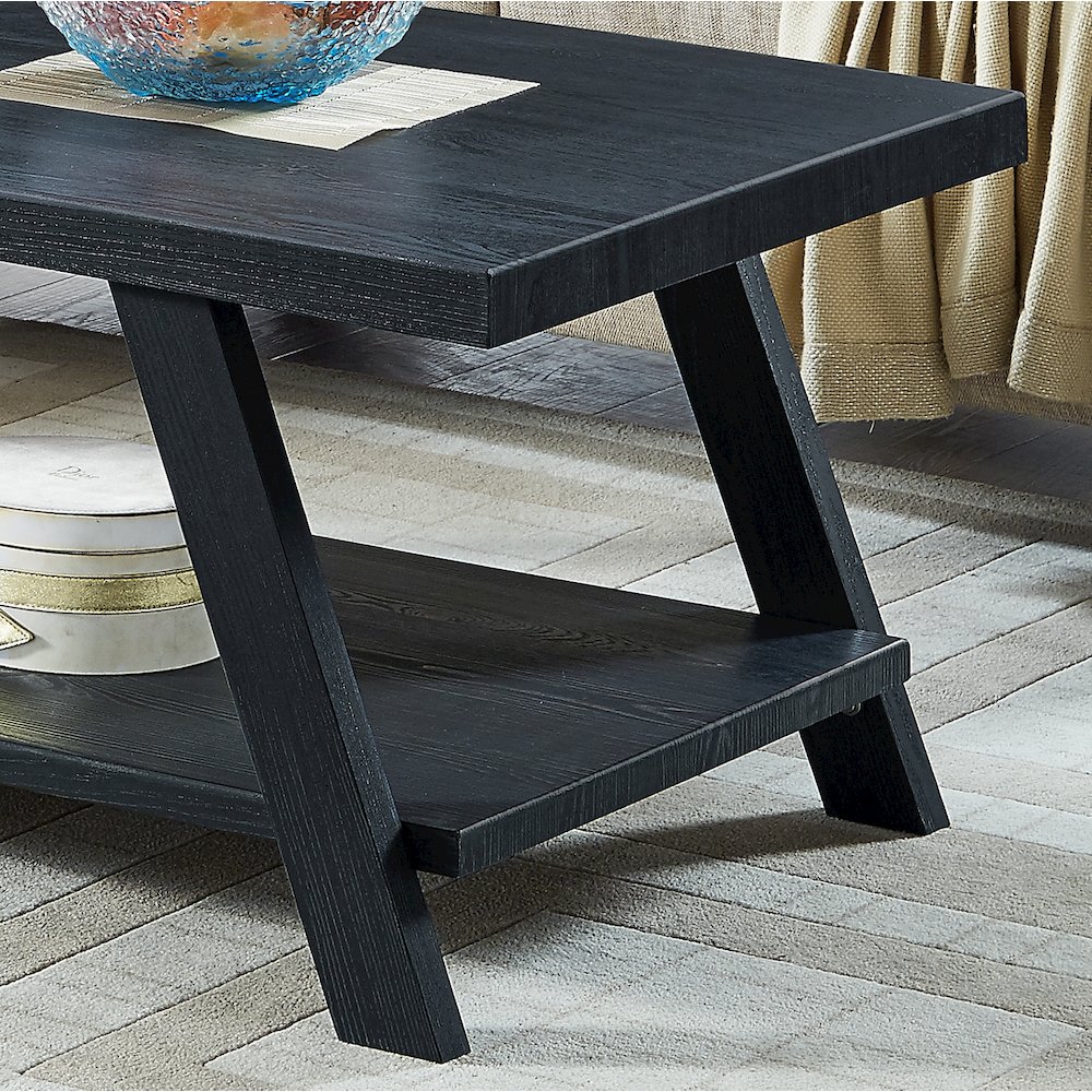 Athens Contemporary Replicated Wood Shelf Coffee Table in Black Finish. Picture 3