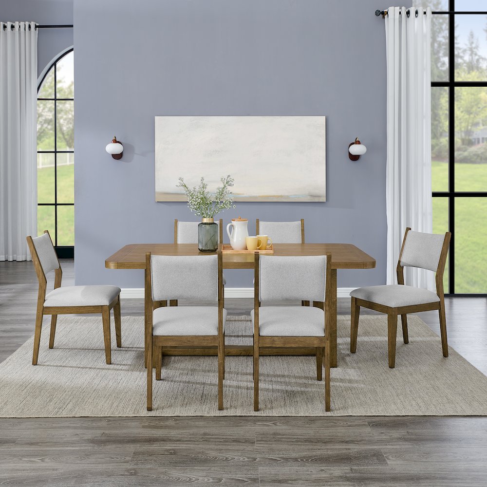 Parker 7-Piece Dining Set, Trestle Dining Table with 6 Stylish Chairs, Light Oak. Picture 2