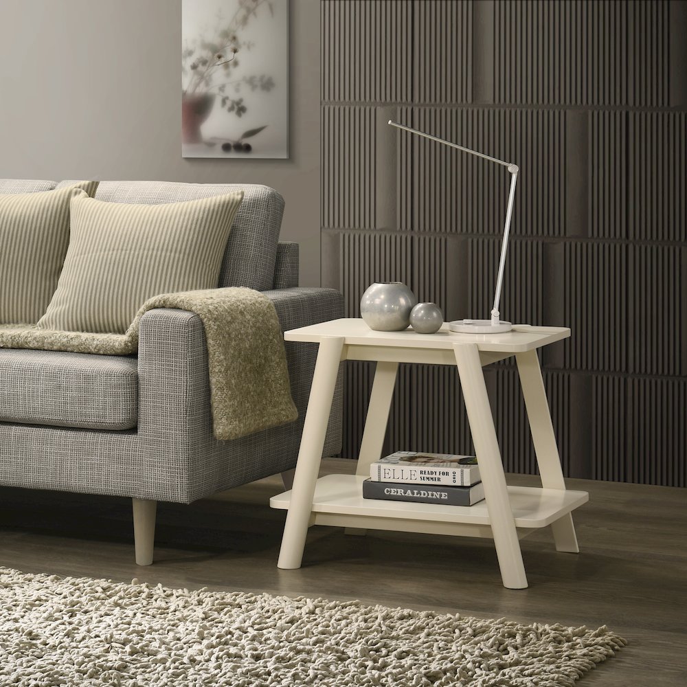 Metz Mid-Century Modern Wood Shelf End Table, Off-White Finish. Picture 2