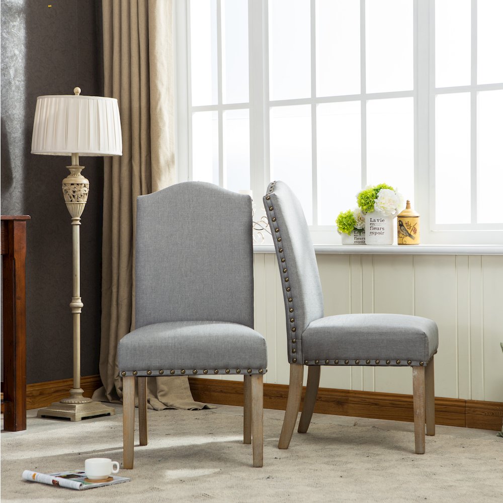 Mod Urban Style Solid Wood Nailhead Gray Fabric Padded Parson Chair, Set of 2. Picture 2