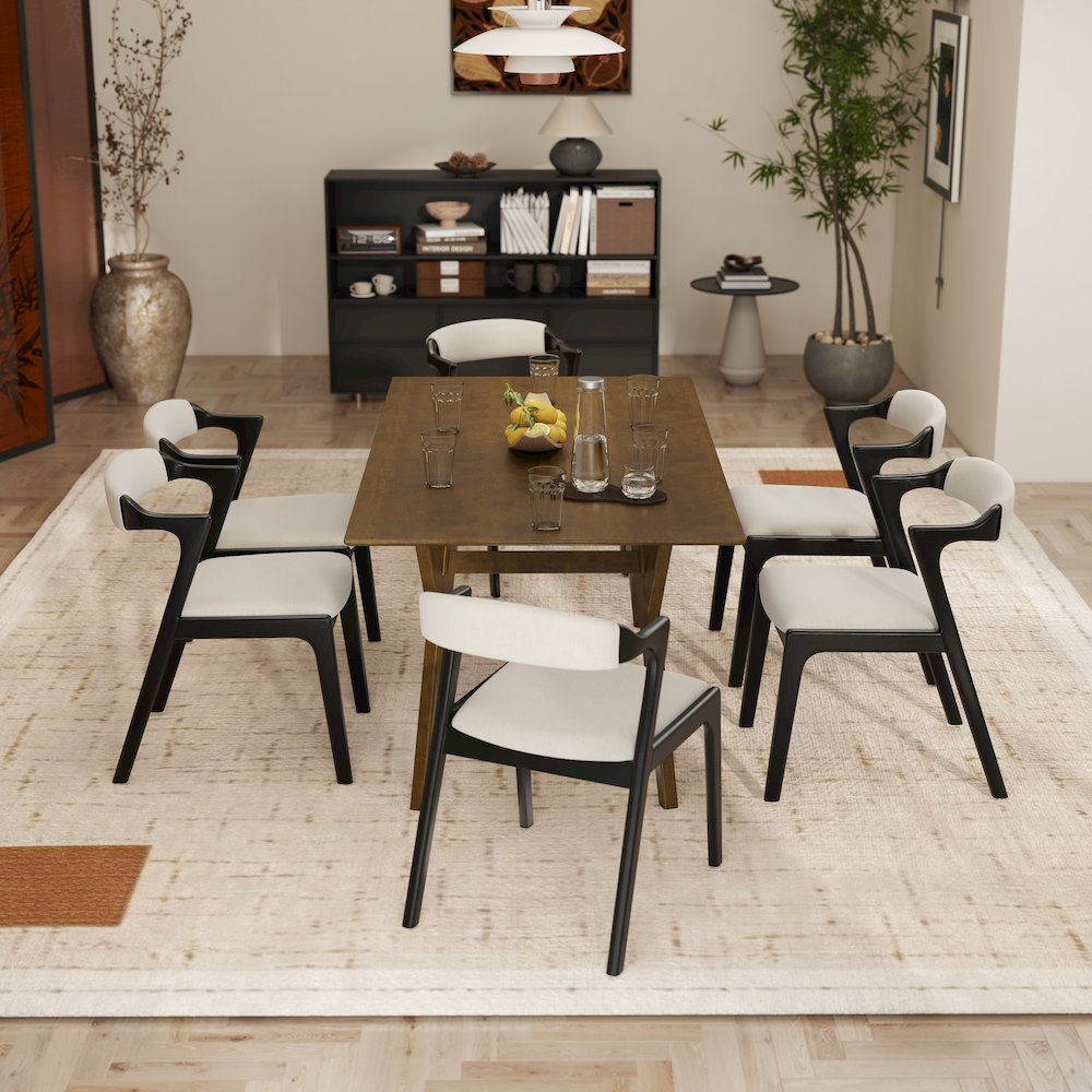 Modern 7-Piece Dining Set, Walnut Finished Dining Table with 6 Black Chairs. Picture 11
