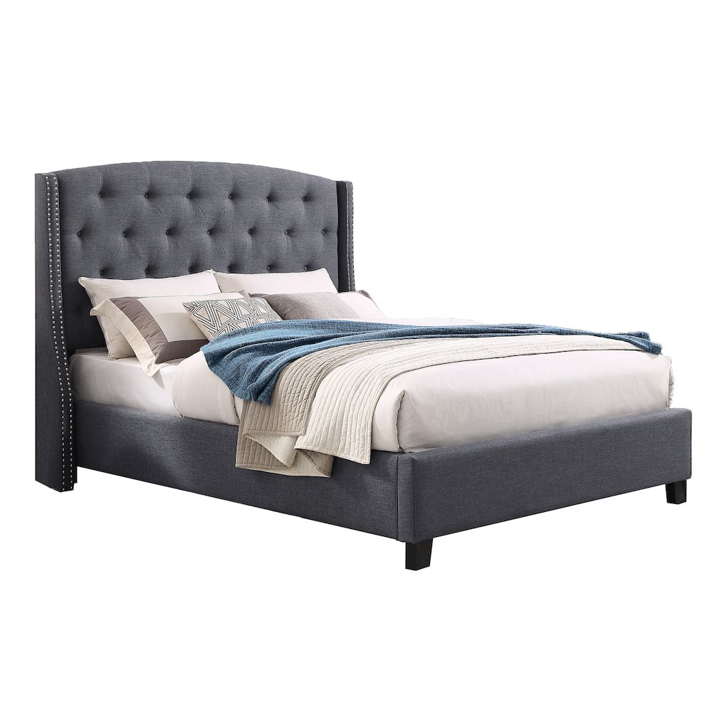 Nantarre Fabric Button Tufted Wingback Queen Bed with Nail Head Trim, Gray. Picture 1