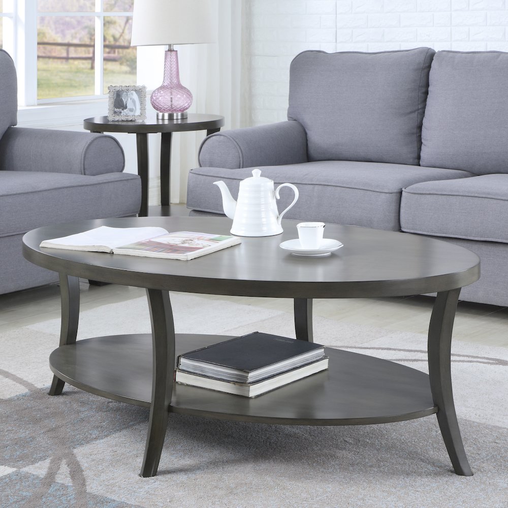 Perth Contemporary Oval Shelf Coffee Table Set, Gray. Picture 3