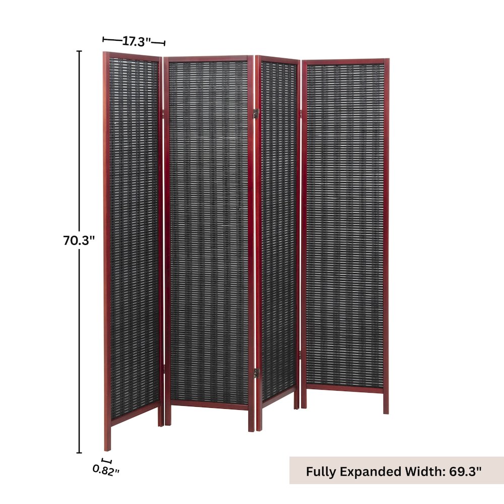 Inkwell 4-Panel Bamboo Room Divider, Folding Screen, Black with Red Frame. Picture 11