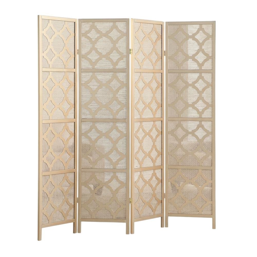 Gold 4-Panel Wood Folding Room Divider, Fabric Diamond Design, 70 Inch. Picture 4
