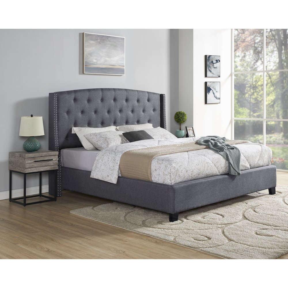 3-Piece Upholstered Bedroom Set, Tufted Wingback Bed, 2Gray Nightstands, Queen. Picture 3